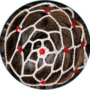 Beige hair net for chignon with Siam Red beads.jpg